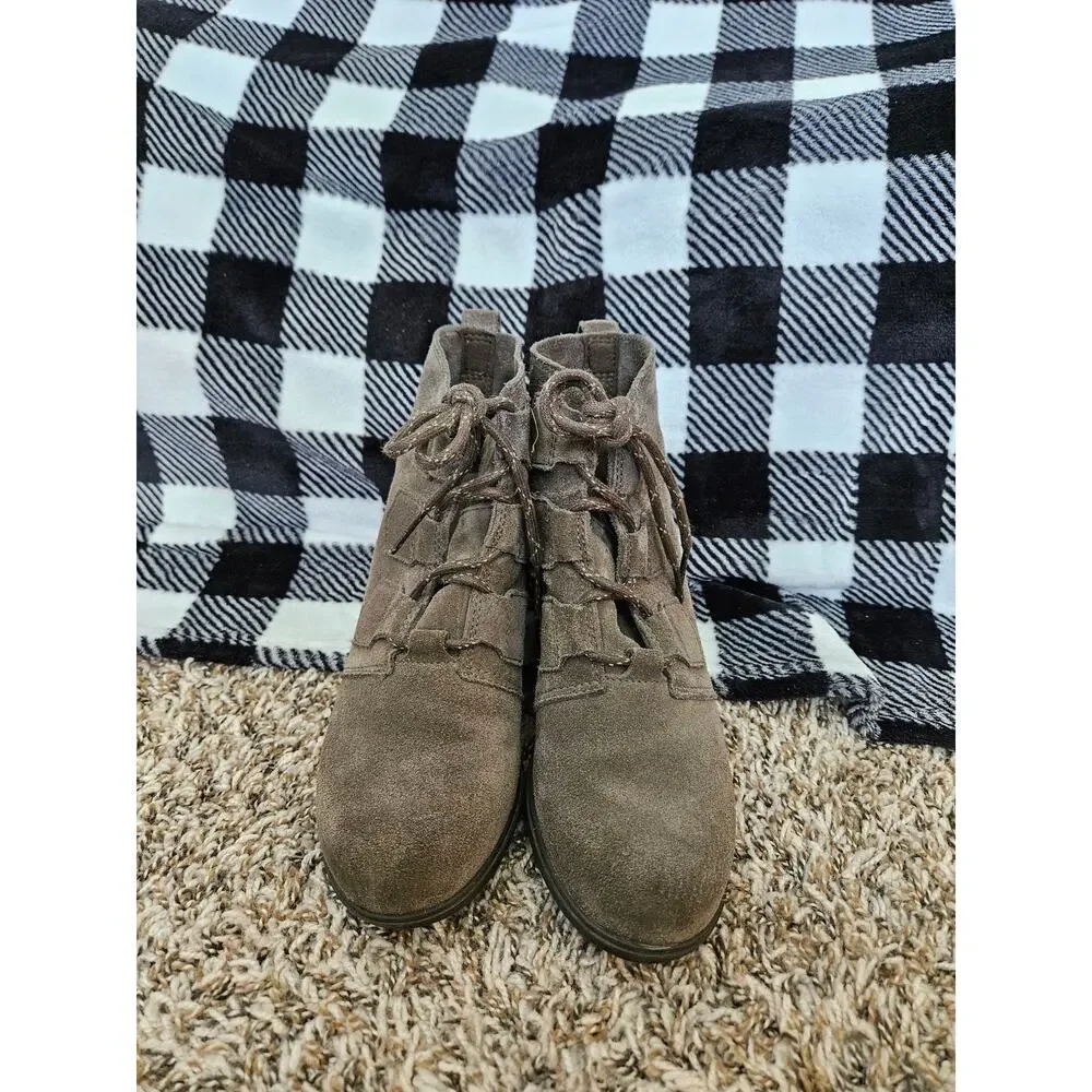 Sorel Evie Ankle Bootie Womens 6.5 Taupe Gray Suede Lace Up Wedge Boots